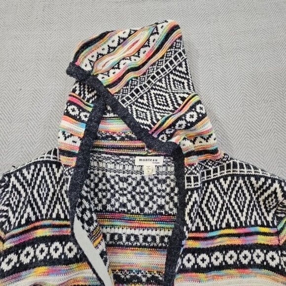 Monteau Los Angeles Hooded Open-Front Cardigan Size Large Knitted Southwestern - Picture 2 of 14